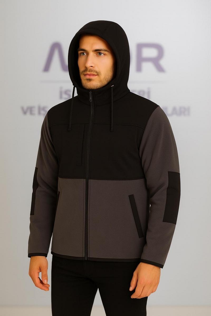 GRİ SİYAH KAPÜŞONLU SOFT POLAR