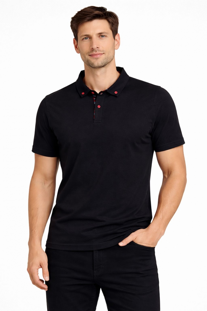 POLO YAKA GÖMLEK DESENLİ KISA KOLLU SİYAH LAKOST 