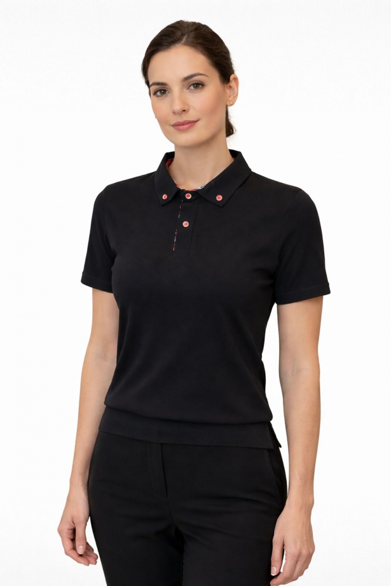 POLO YAKA GÖMLEK DESENLİ KISA KOLLU SİYAH LAKOST 