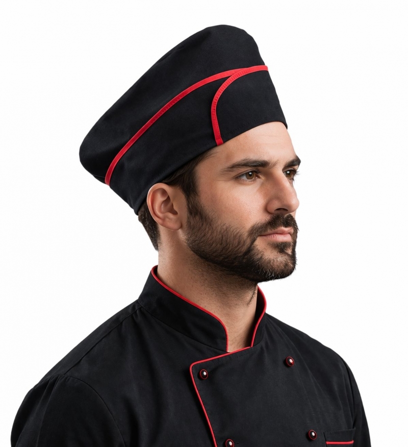 KIRMIZI ÇİZGİLİ SİYAH AŞÇI KEP